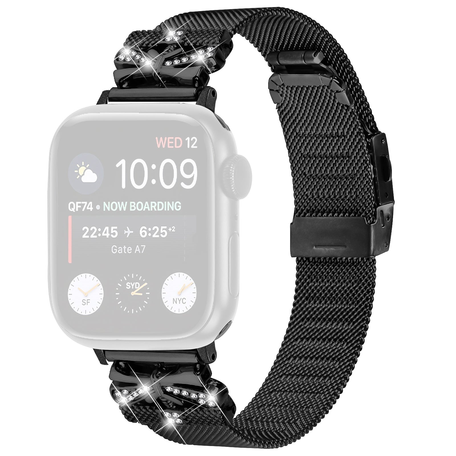 For Apple Watch Ultra 2 Ultra 49mm / Series 9 8 7 45mm / 6 5 4 SE (2023) SE (2022) SE 44mm / 3 2 1 42mm Rhinestone Decor Watchband - Black For Apple Watch Ultra 2 Ultra 49mm / Series 9 8 7 45mm / 6 5 4 SE (2023) SE (2022) SE 44mm / 3 2 1 42mm Rhinestone Decor Watchband - Black